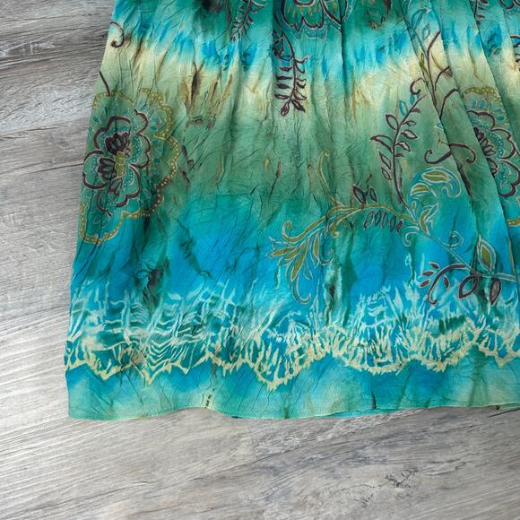 Vintage Boho Silk Blend Skirt Green Blue Floral Tie Dye Pleated Midi Size 8 - Picture 2 of 9